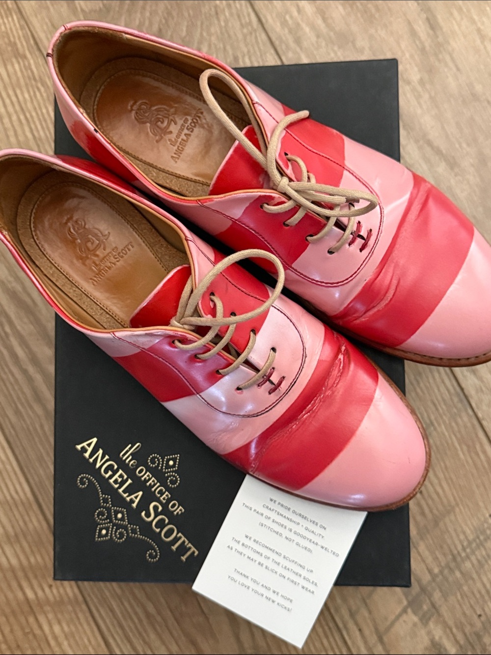 The Office of Angela Scott Mr. Smith Pink and Red Striped oxfords & box